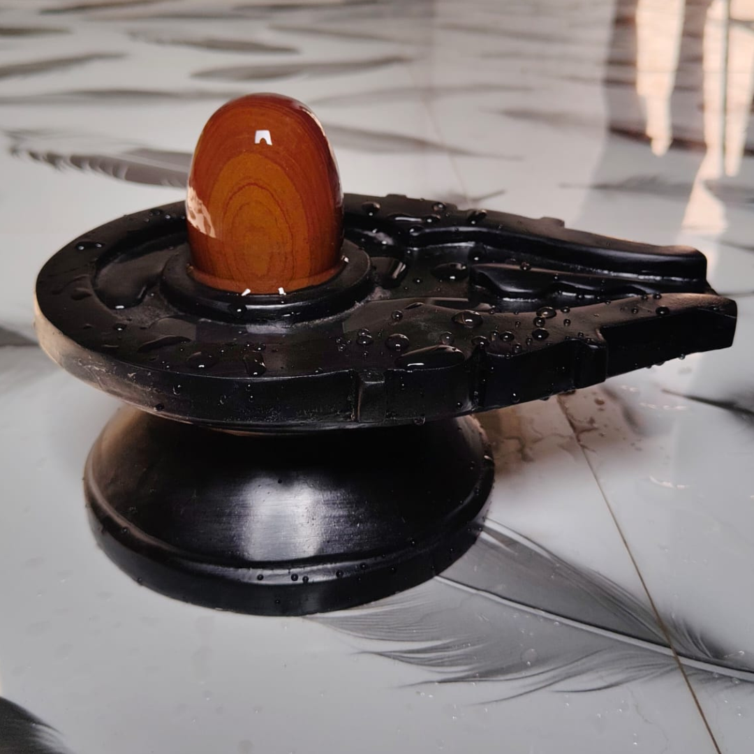 Original 5 Inch Narmadeshwar Shivling with 10 Inch Marble Jaladhari – Natural Brown Stone Finish